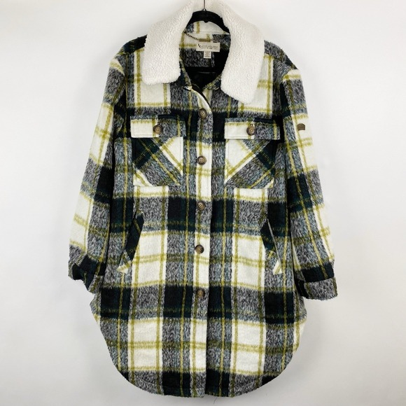 Koolaburra UGG Plaid Shacket Mid Length Coat Womens Size L Faux Sherpa Collar - Picture 1 of 5